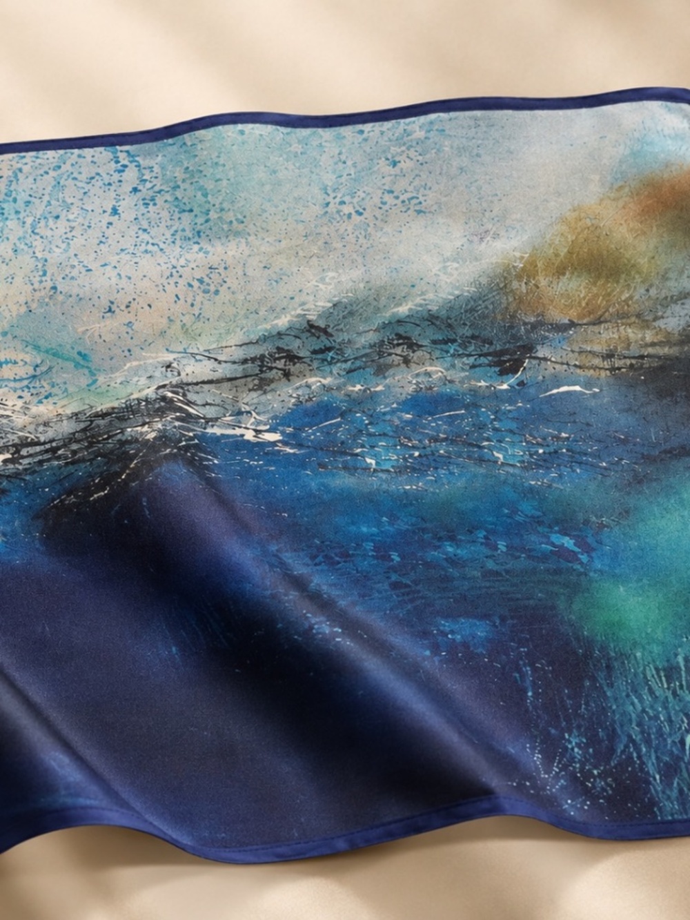 Cocoon House Blue Abstract Ocean Silk Scarf 17x60